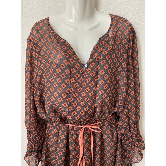 Umgee Women's Dress Orange & Gray Geometric Design Elastic Waist W/ Tie Size LG - Picture 3 of 6